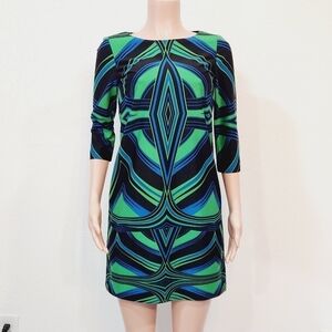 TAYLOR Green Blue Black Knit Geo Print Shift Work Social Versatile Dress Size 4